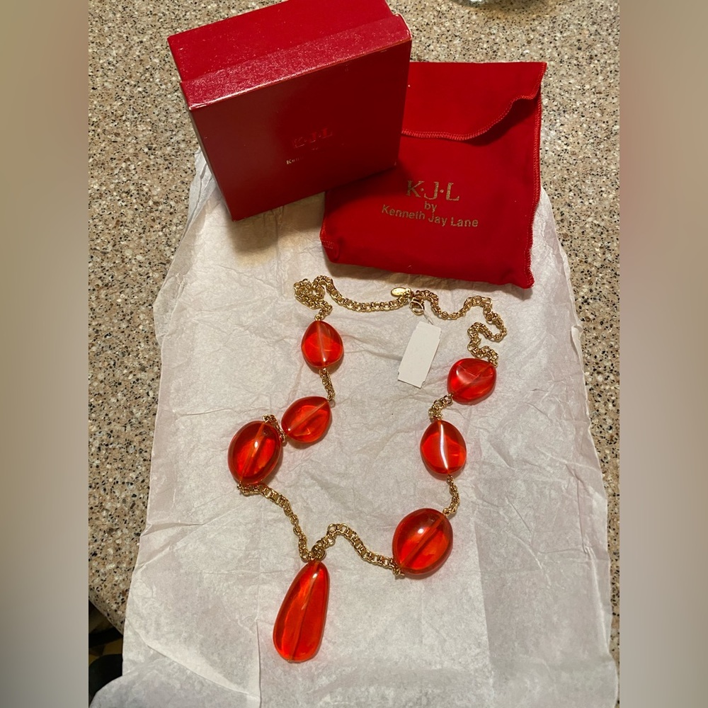 KENNETH JAY LANE KJL Red Resin Bead NECKLACE Signed w/ Bag Box
